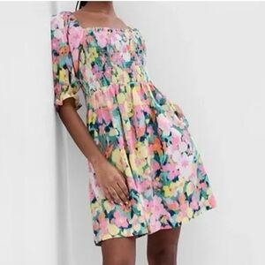 GAP Puff Sleeve Linen-Blend Floral Smocked Mini Dress Cottagecore NWT XXS